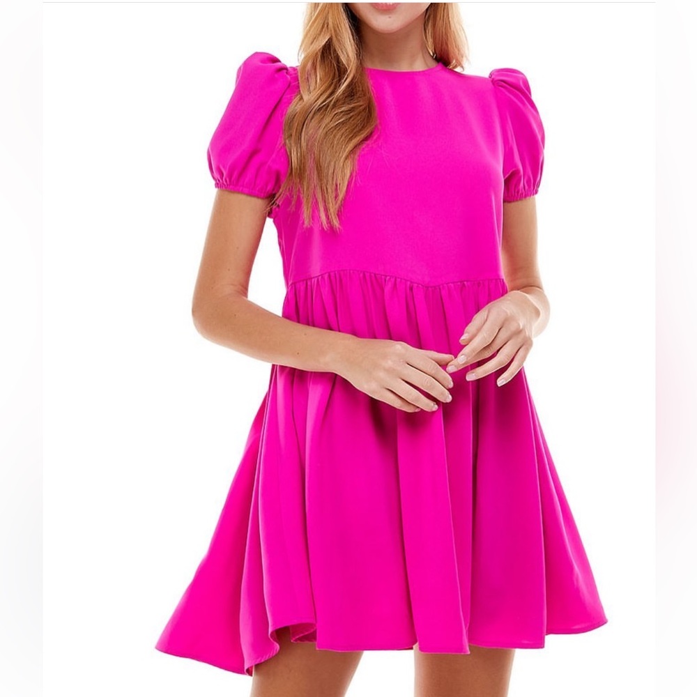 TCEC Fuchsia Puff Sleeve Full Swing Skirt Dress